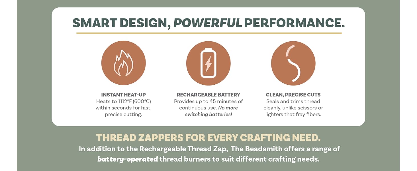 instant heat, clean cuts without frays, and rechargeable. No more batteries required!