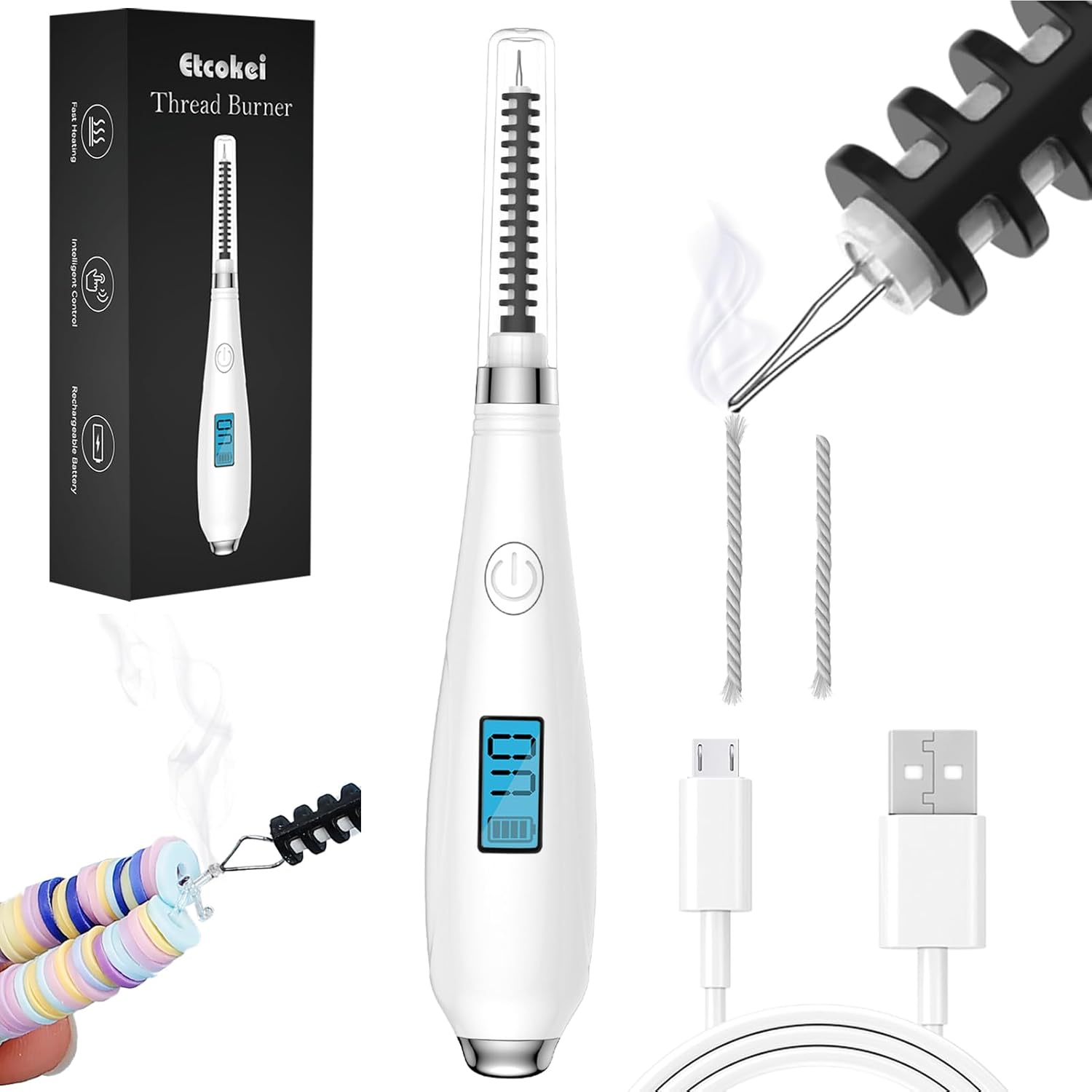 Thread Burner, USB Rechargeable Thread Zapper with LCD Display, Burn and Melt Easily, Cautery Pen for Beading, Weaving, Sewing, Leather & Jewelry Making