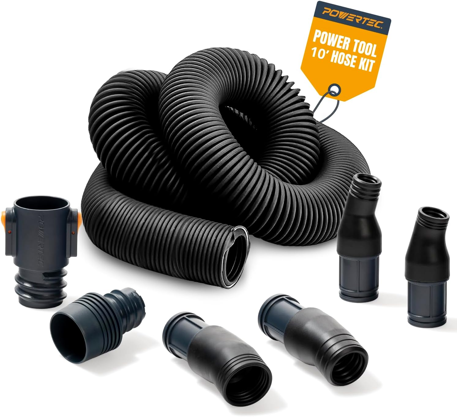 POWERTEC Power Tool Hose Kit with 10’ Vacuum Hose, 4 Quick Change Adapters & Threaded Coupler – Dust Collector Hose Kit for Connecting Table Saw, Power Tools to Shop Vacuums and Dust Collection System