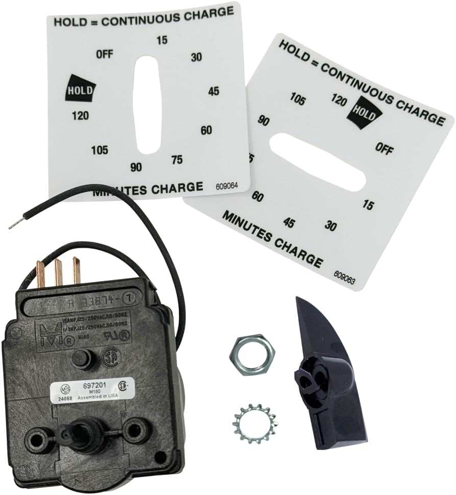 Battery Charger Electromechanical Timer Kit - 120 Min with Hold - Includes Knob, Mounting Hardware, Dial Labels - Threaded Bushing Mount, by Power Forged (697203)