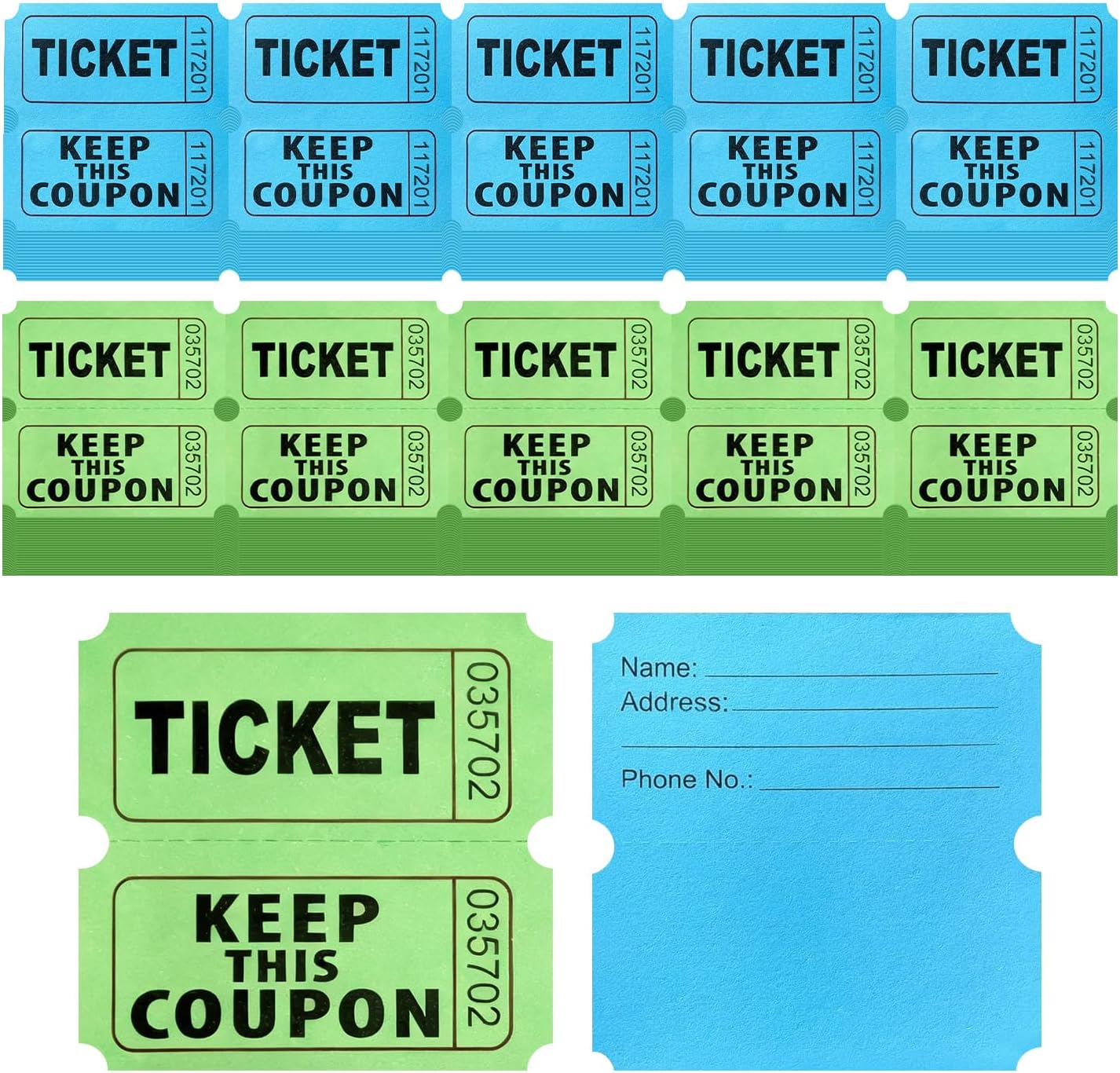 400PCS Double Roll Raffle Tickets-50/50 Raffle Tickets with Perforated Lines and Sequential Numbering Suitable for raffles, carnivals, admission tickets, lotteries, and prizes (Blue-Green 400pcs) eBaydiy Tools