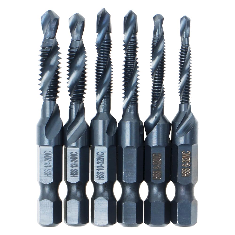 AUTOTOOLHOME 6 Pack Combination Drill Tap Bit Set Black Nitride Coated Screw Tapping Threading SAE Size 6-32NC 8-32NC 10-24NC 10-32NC 12-24NC 1/4-20NC for Power Drills & Drivers