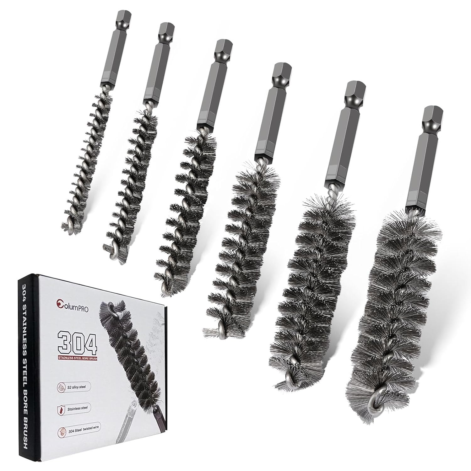 6PCS 304 Stainless Steel Bore Brush Copper Pipe Cleaner, Twisted Wire Drill Brush,1/4 Inch Hex Shank S2 Steel Handle, for Power Drill Plumbing Tools