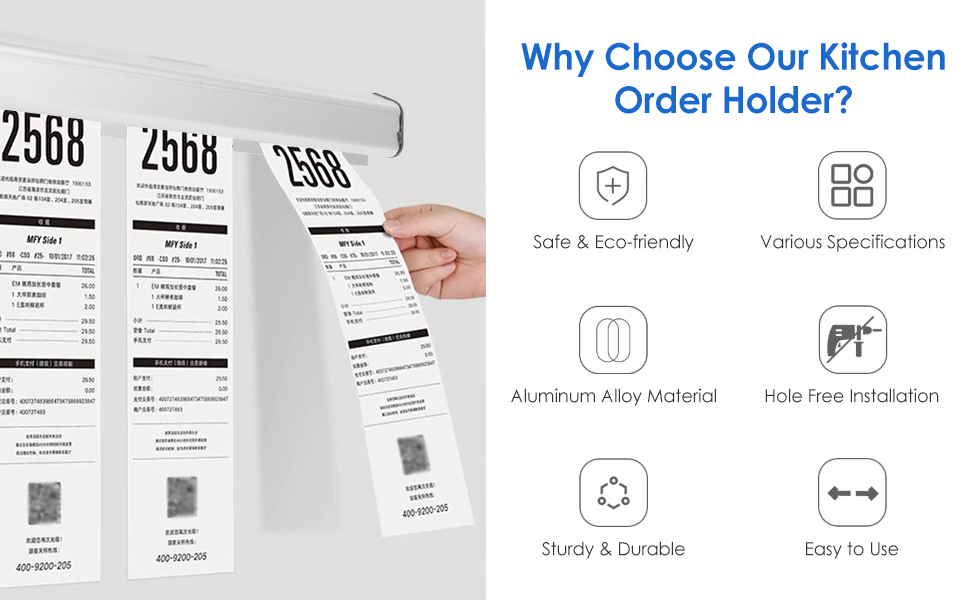 Kitchen order holder with multiple features highlighted: eco-friendly, various specifications, aluminum alloy material, and easy to use.