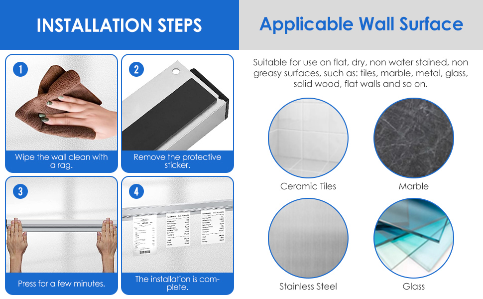 Installation guide showing four-step process for wall mounting, with compatible surface types including ceramic tile, marble, stainless steel, and glass.