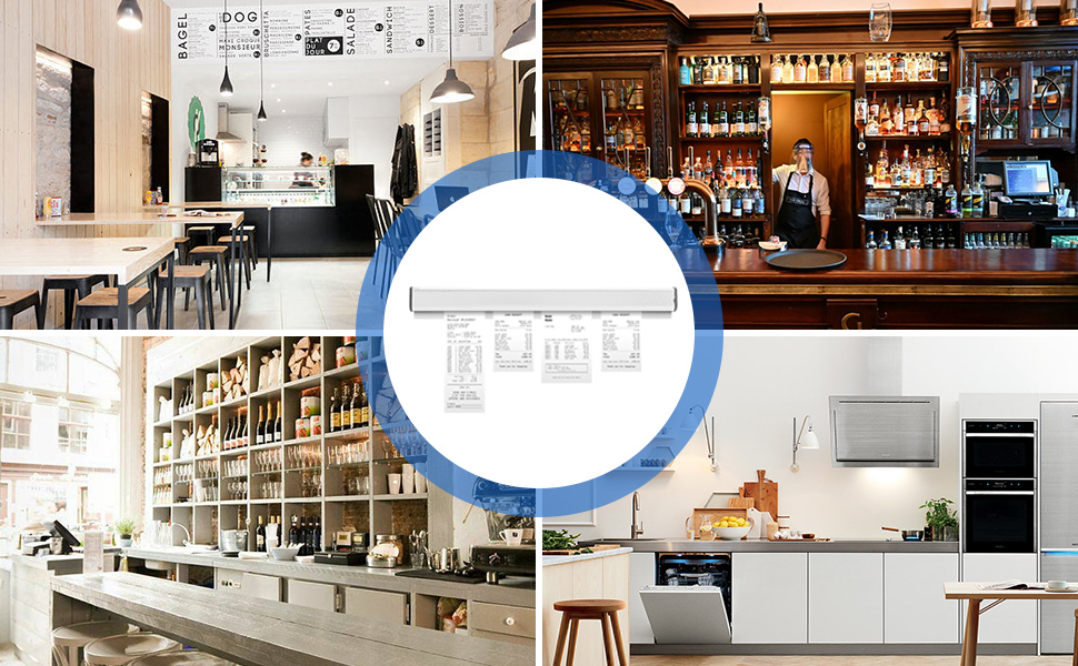 Collage of interior spaces including a modern cafe, traditional bar, and white kitchen. Center shows a technical diagram of a rectangular device.