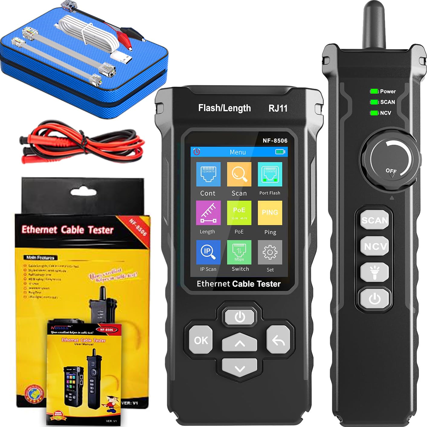 NF-8506 Network Cable Tester - IP Scan, PoE & Ping Test, Network Rate Check | Compatible with CAT5/CAT6, RJ11/RJ45 | Cable Toner & Telephone Finder TDR Multifunctional LAN Ethernet Cable Tester eBaydiy Tools