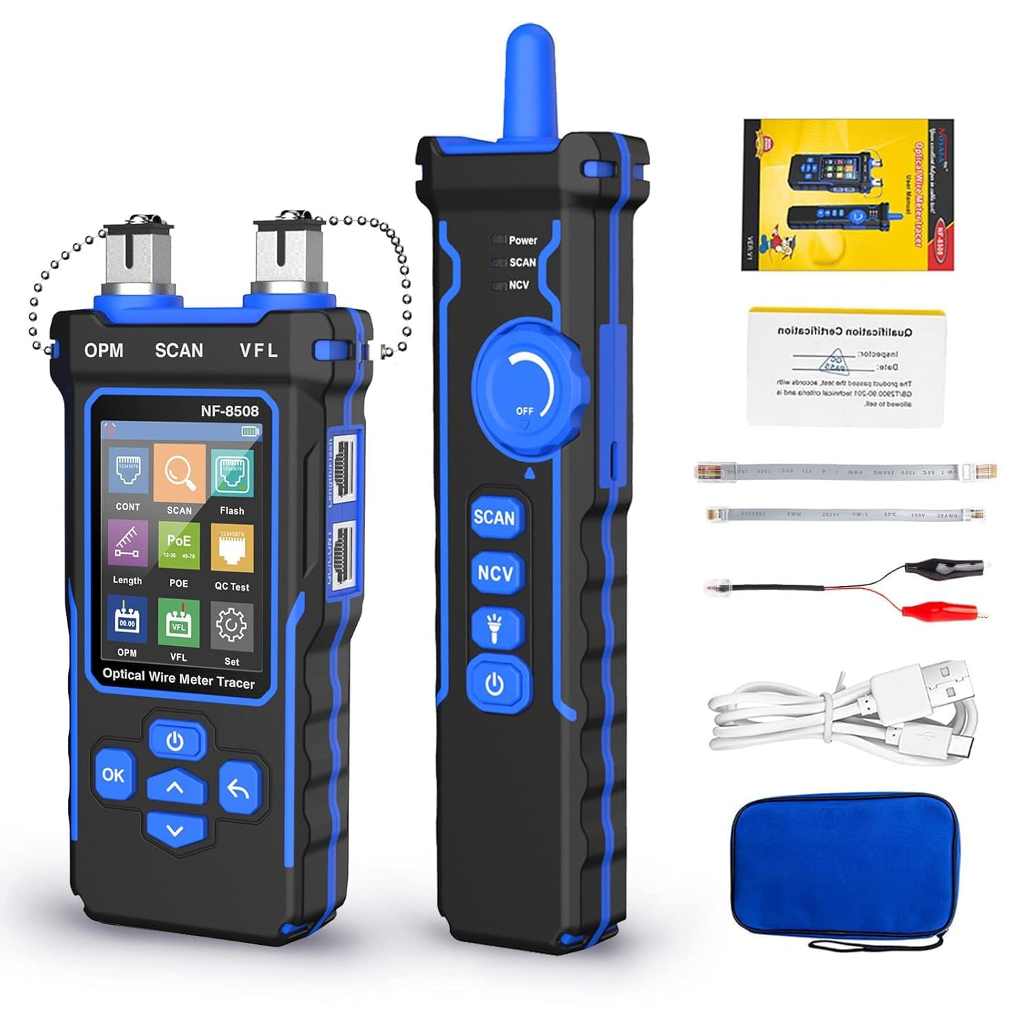 NOYAFA NF-8508 Network Cable Tester with Optical Power Meter, CAT5 CAT6 Cable Toner Ethernet Cable Tester, RJ45 Network Tester, VFL PoE QC Test Wire Tracer Port Flashing 200M Length Test eBaydiy Tools