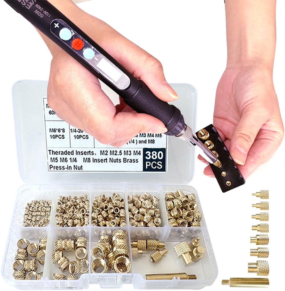 Heat Set Insert Tools kit Brass Nuts 3D Printing 60W Digital Soldering Iron and 380 Pcs Kit Threaded Inserts with Insert Tips M2 M2.5 M3 M4 M5 M6(1/4) M8 for inserts 3d printing and plastic