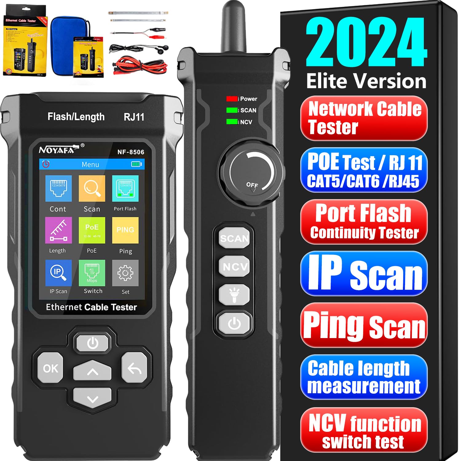 NF-8506 Network Cable Tester with IP Scanne Network Rate Test,/NCV POE/Ping/TDR CAT5 CAT6,Network Tester Cable Toner for RJ11 RJ45 LAN Ethernet Cable Tester Telephone Cable Finder Network Tool eBaydiy Tools