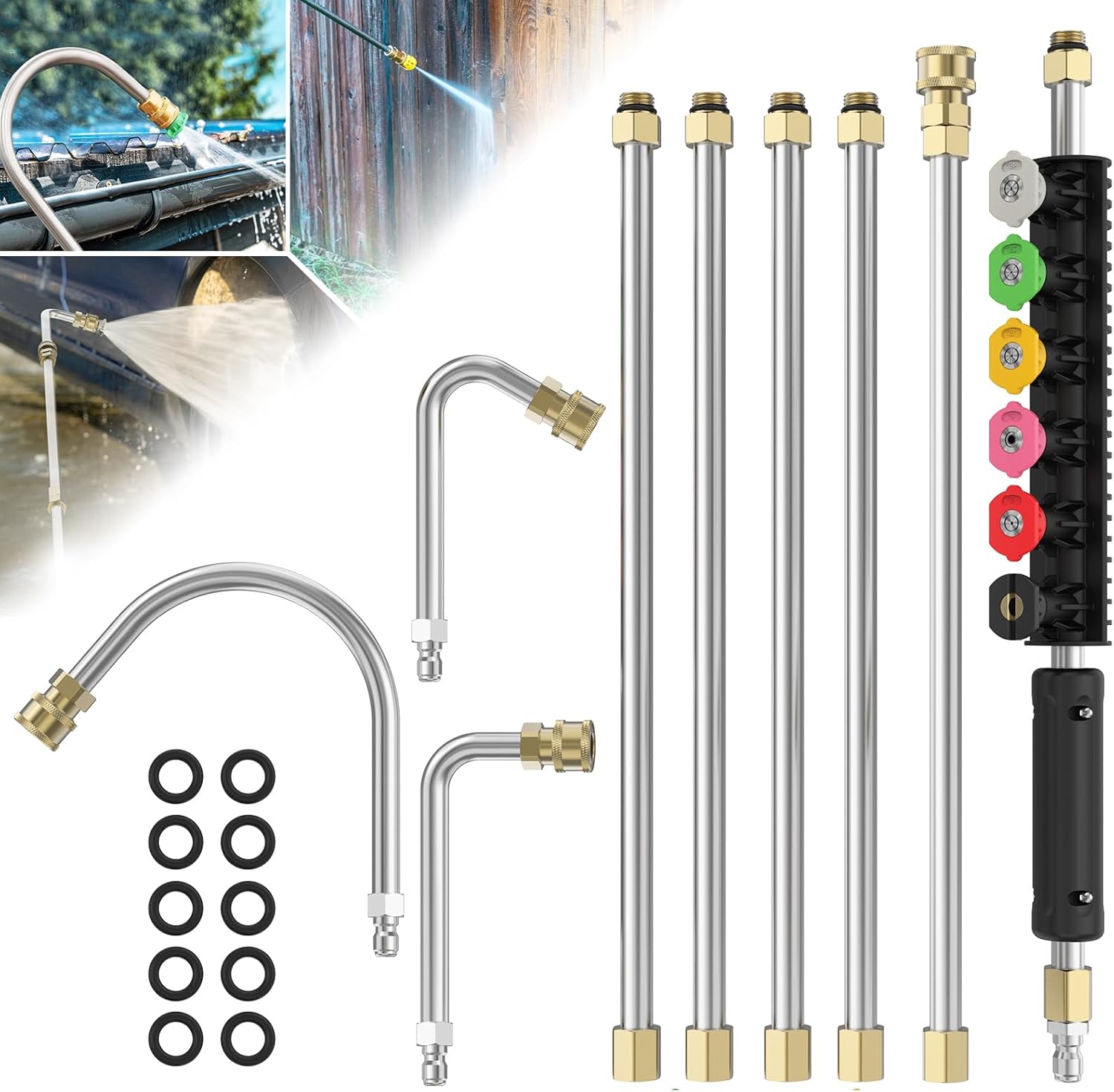 Sealegend Pressure Washer Extension Wand with 6 Spray Nozzle Tips for Gutter Cleaning up to 9FT, Upgrade Power Washer Lance with 30°, 90°, U-shaped Curved Rod, 1/4" Quick Connect, 4000 PSI