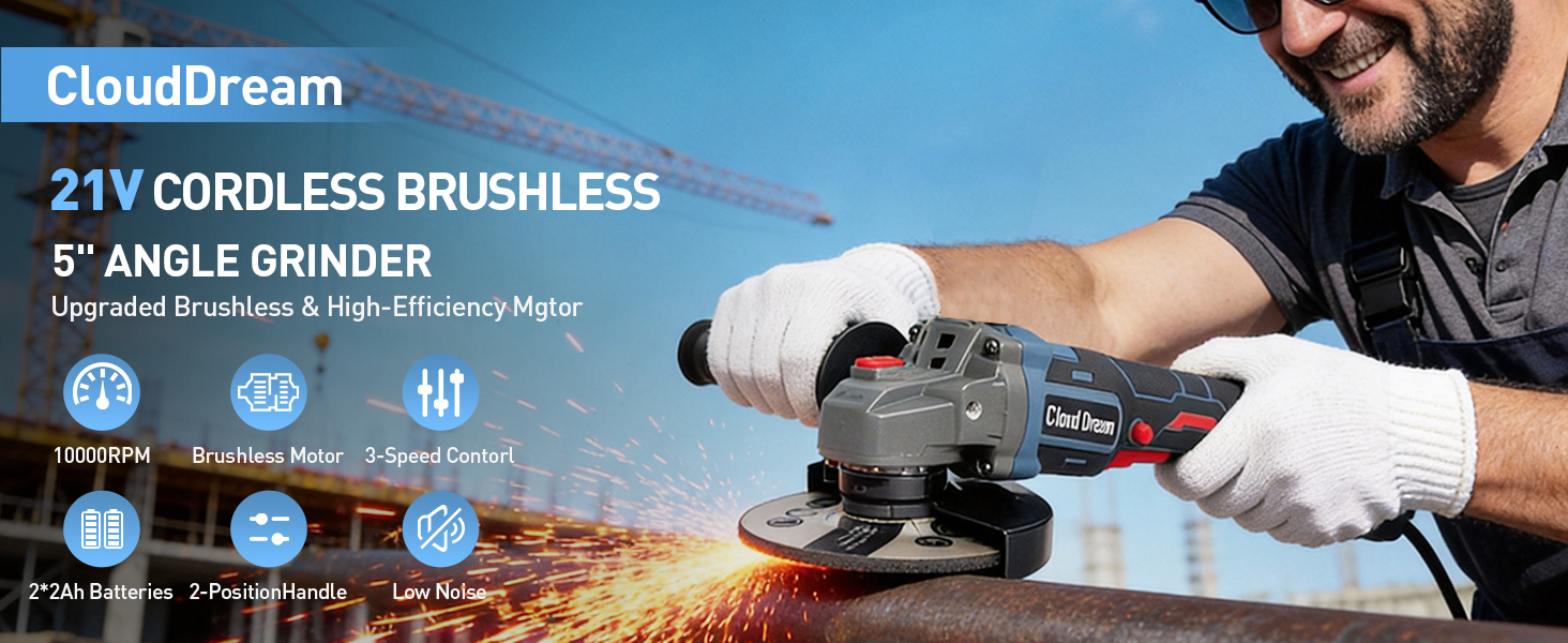 CloudDream 21V Cordless Brushless 5" Angle Grinder