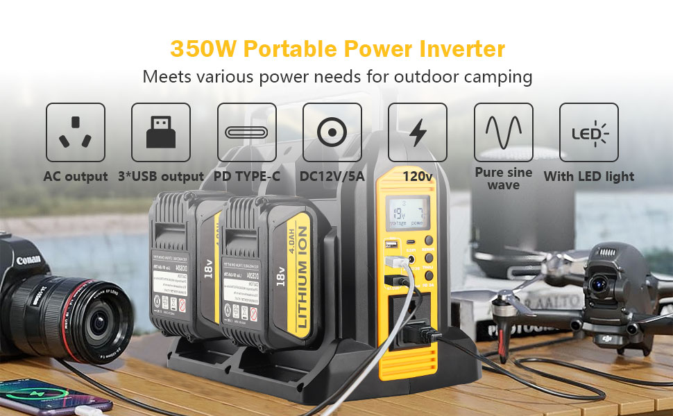 350W Power Inverter for Dewalt 20V 60V Li-ion Battery 4-Port
