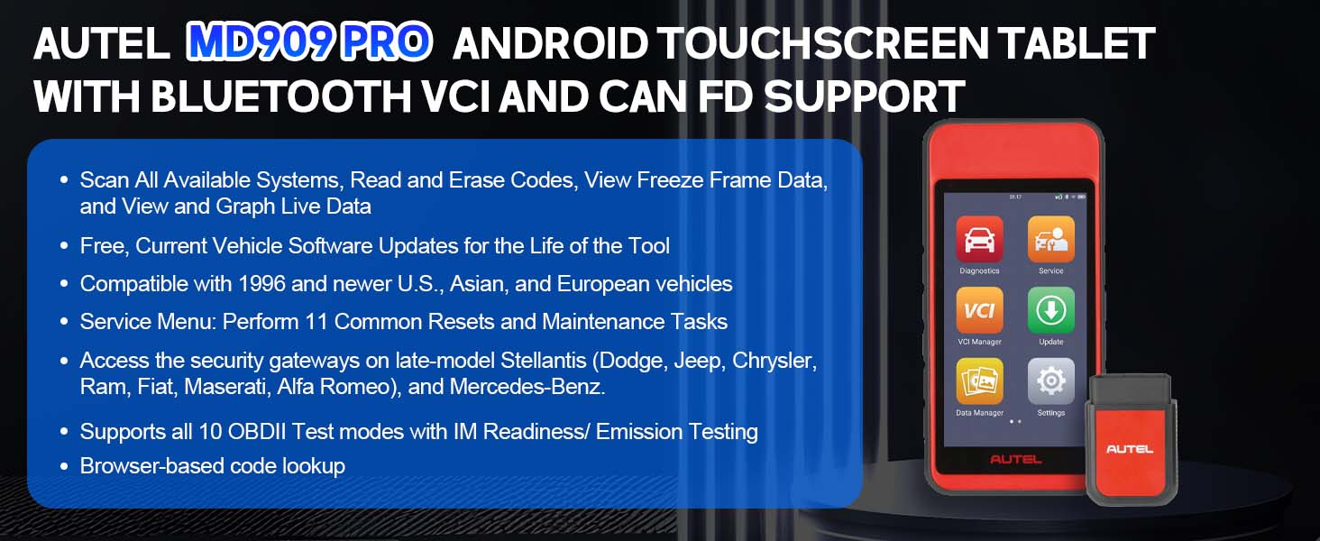 Autel MaxiDiag MD909 PRO Wireless All-Systems Diagnostic Tablet - Android Touchscreen, 11 Services