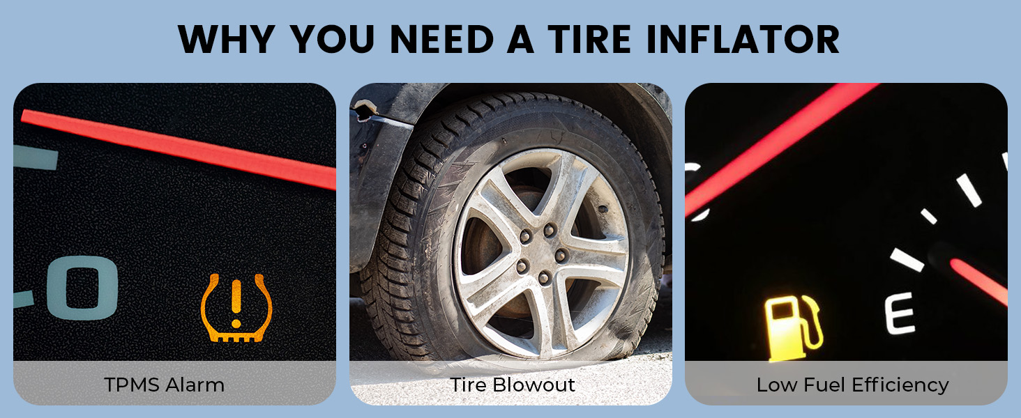 Why you need a tire inflator. For TPMS Alarm. Tire Blowout and Improve Fuel Efficiency.