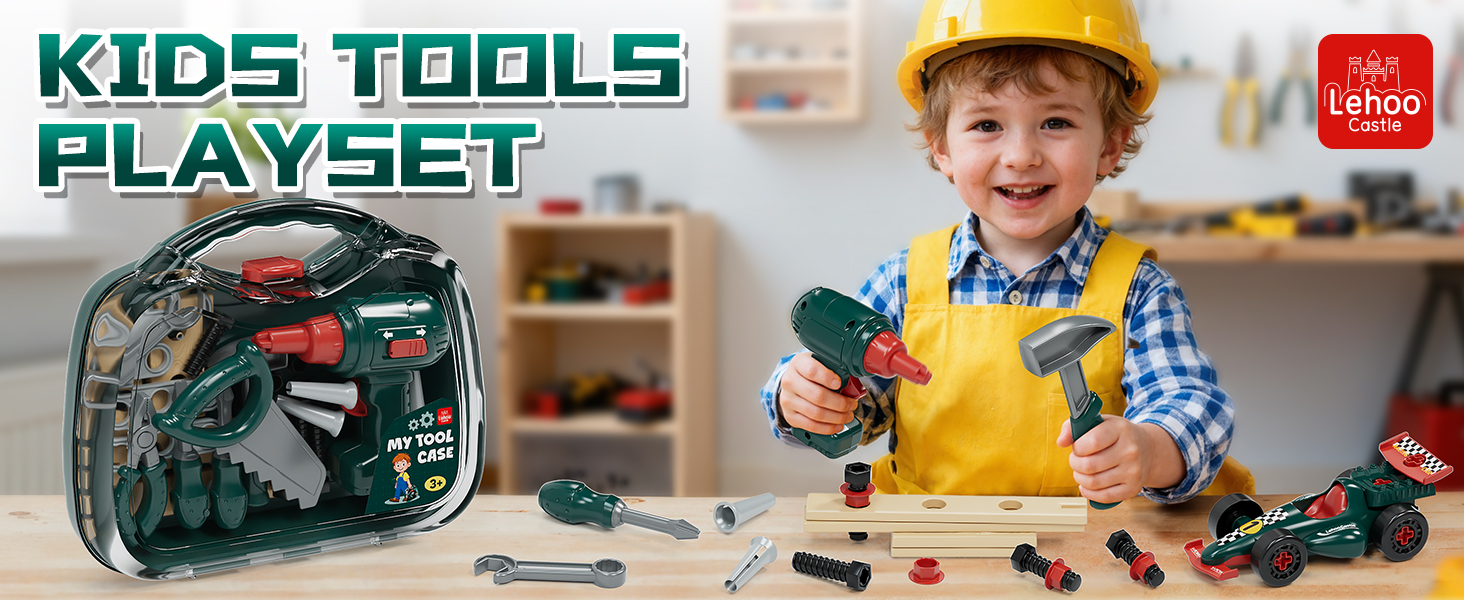 Kids Tool Set with Electric Toy Drill & Tool Box & Take Apart Race Car Toy