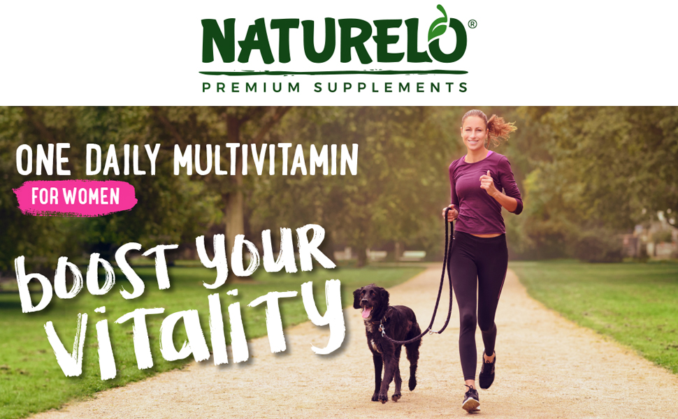 Woman running with a dog. Text reads: One Daily Multivitamin For Women. Boost your vitality.