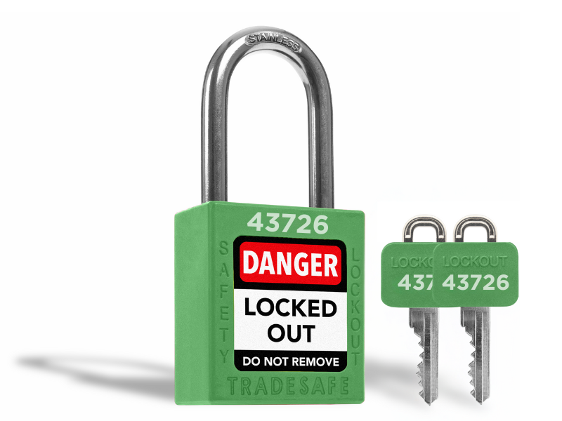 Ten green lockout locks keyed alike with 2 keys each for lockout tagout