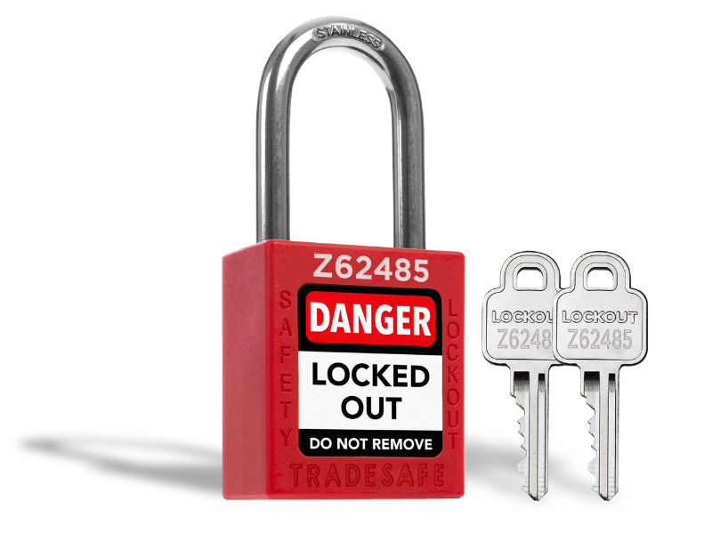 ten red lockout locks keyed alike with 2 keys each for lockout tagout