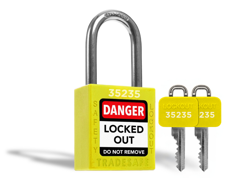 Ten yellow lockout locks keyed alike with 2 keys each for lockout tagout