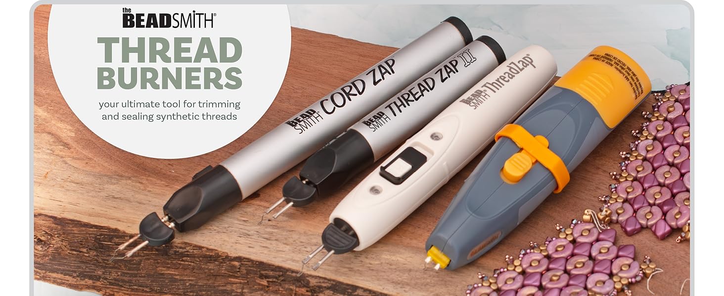 Thread burners header featuring the rechargeable thread zap on a wooden table with a torn bracelet