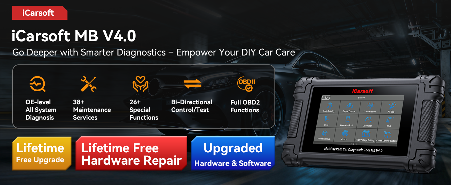 Text reads 'iCarsoft MB V4.0' with 'Lifetime Free Updates &amp; Warranty, Upgraded Hardware' labels on product interface screen